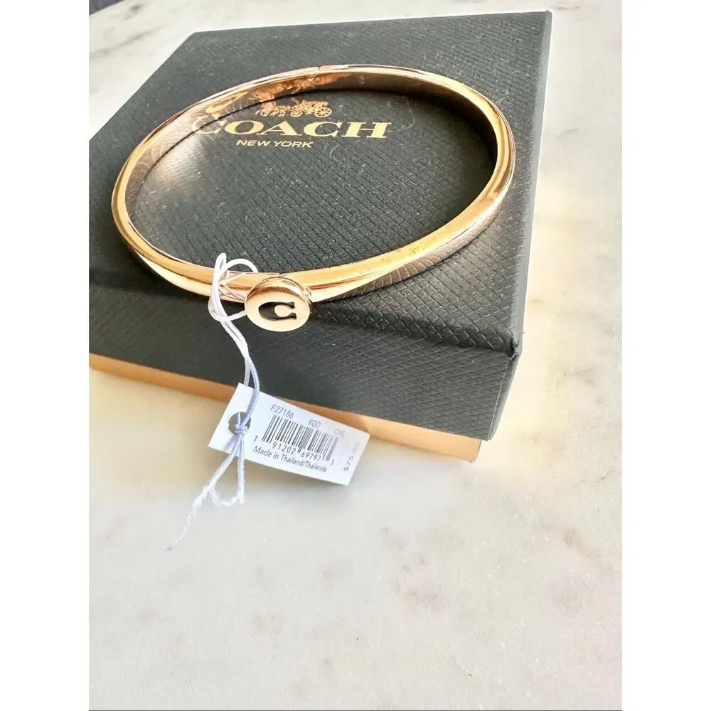 Coach Signature Hinged Bangle Bracelet Gold Black C Logo NWT - Picture 6 of 8